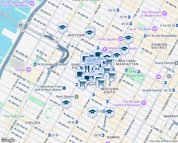 map of restaurants, bars, coffee shops, grocery stores, and more near 247 West 37th Street in New York