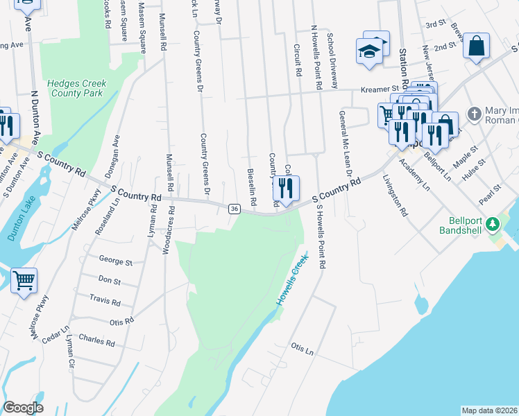 map of restaurants, bars, coffee shops, grocery stores, and more near 15 County Road 36 in Bellport