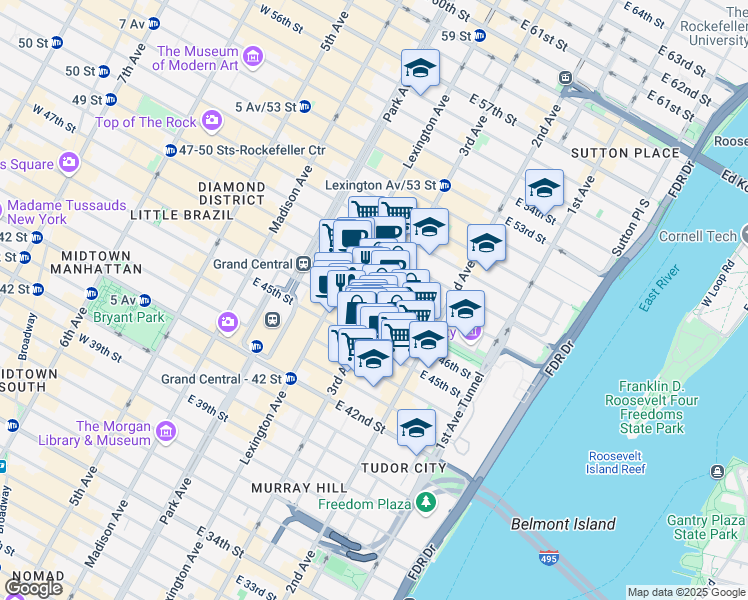 map of restaurants, bars, coffee shops, grocery stores, and more near 750 3rd Avenue in New York