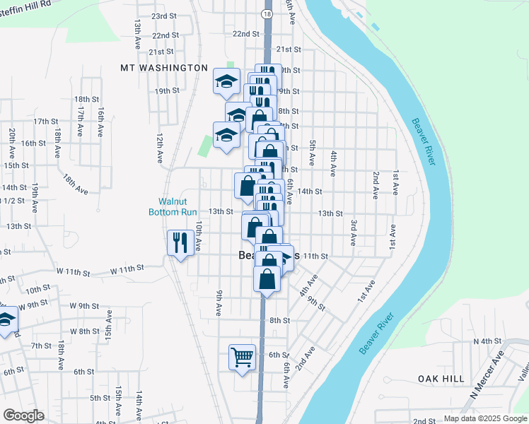 map of restaurants, bars, coffee shops, grocery stores, and more near 1301 7th Avenue in Beaver Falls