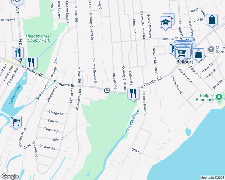 map of restaurants, bars, coffee shops, grocery stores, and more near 15 County Road 36 in Bellport