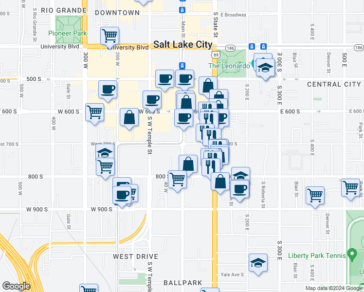 map of restaurants, bars, coffee shops, grocery stores, and more near in Salt Lake City