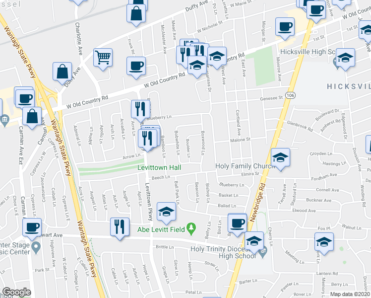 map of restaurants, bars, coffee shops, grocery stores, and more near 67 Bobwhite Lane in Hicksville