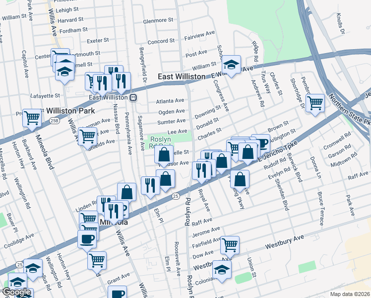map of restaurants, bars, coffee shops, grocery stores, and more near 55 Roselle Street in Mineola