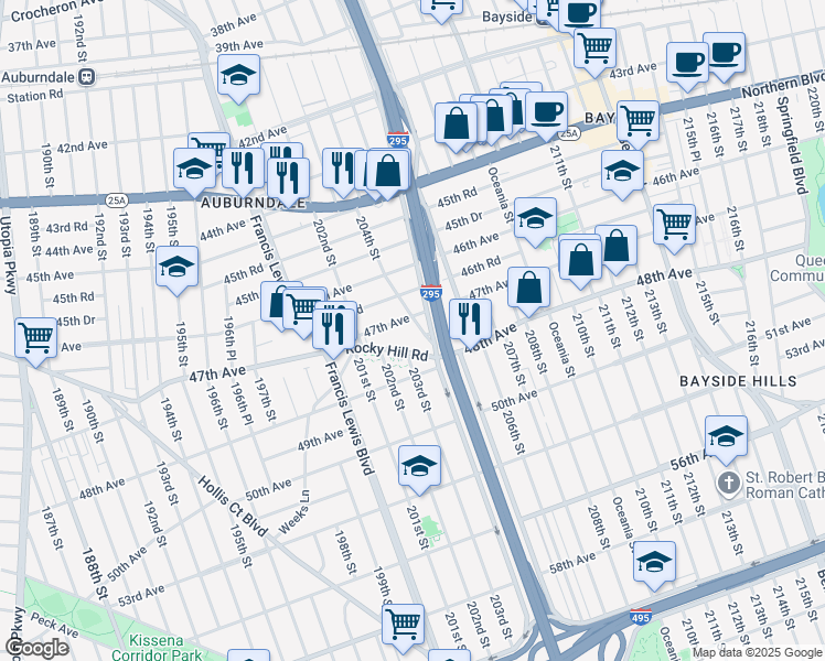 map of restaurants, bars, coffee shops, grocery stores, and more near 47-29 203rd Street in Queens