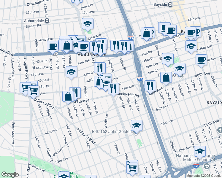 map of restaurants, bars, coffee shops, grocery stores, and more near 4701 Francis Lewis Boulevard in Queens