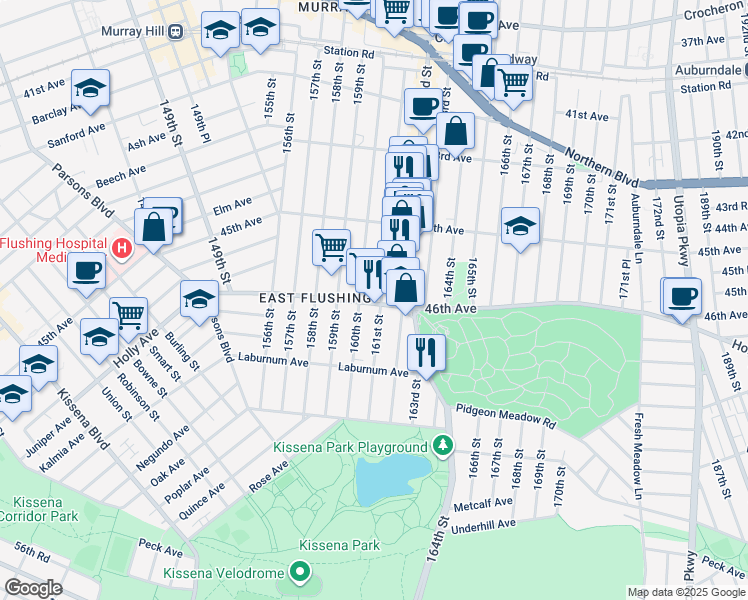 map of restaurants, bars, coffee shops, grocery stores, and more near 4608 161 Street in Queens
