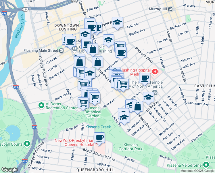 map of restaurants, bars, coffee shops, grocery stores, and more near 43-70 Kissena Boulevard in Queens