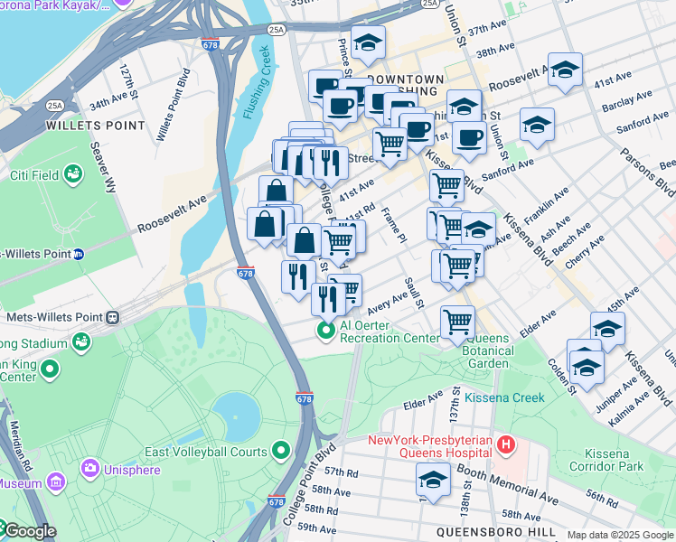 map of restaurants, bars, coffee shops, grocery stores, and more near in Queens