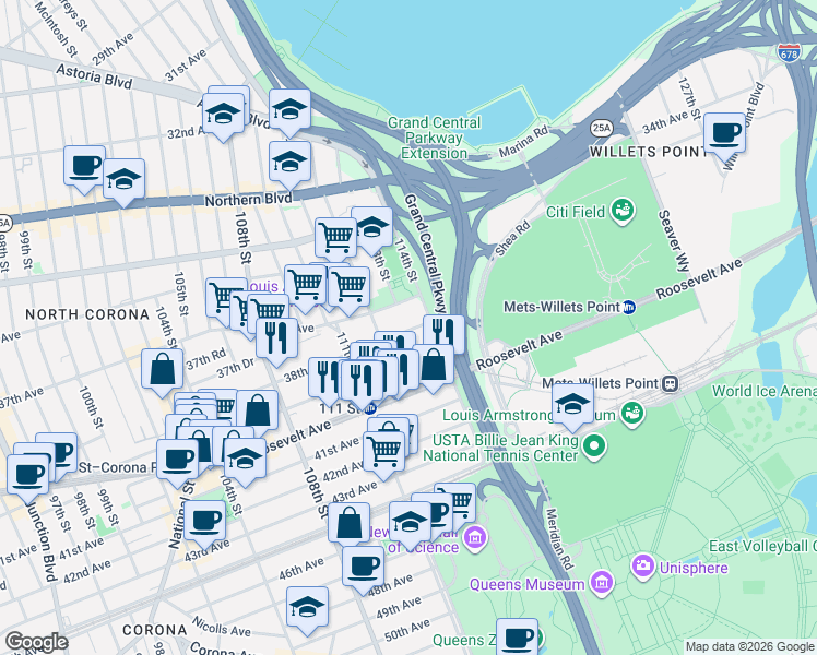 map of restaurants, bars, coffee shops, grocery stores, and more near 112-31 39th Avenue in Queens