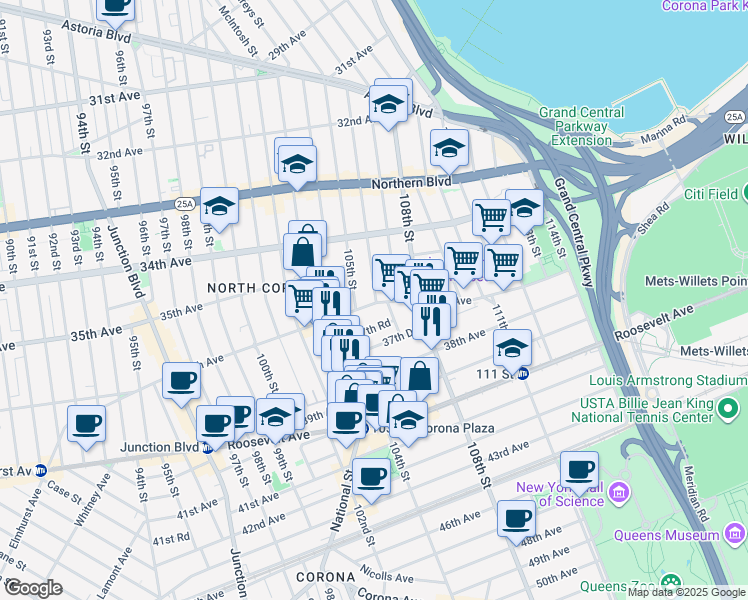 map of restaurants, bars, coffee shops, grocery stores, and more near in Queens