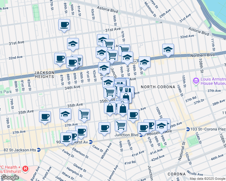 map of restaurants, bars, coffee shops, grocery stores, and more near in Queens