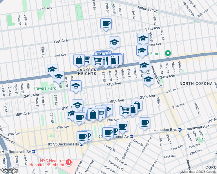 map of restaurants, bars, coffee shops, grocery stores, and more near in Queens