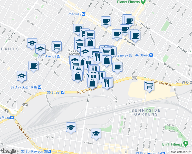 map of restaurants, bars, coffee shops, grocery stores, and more near 40-1 36th Avenue in Queens