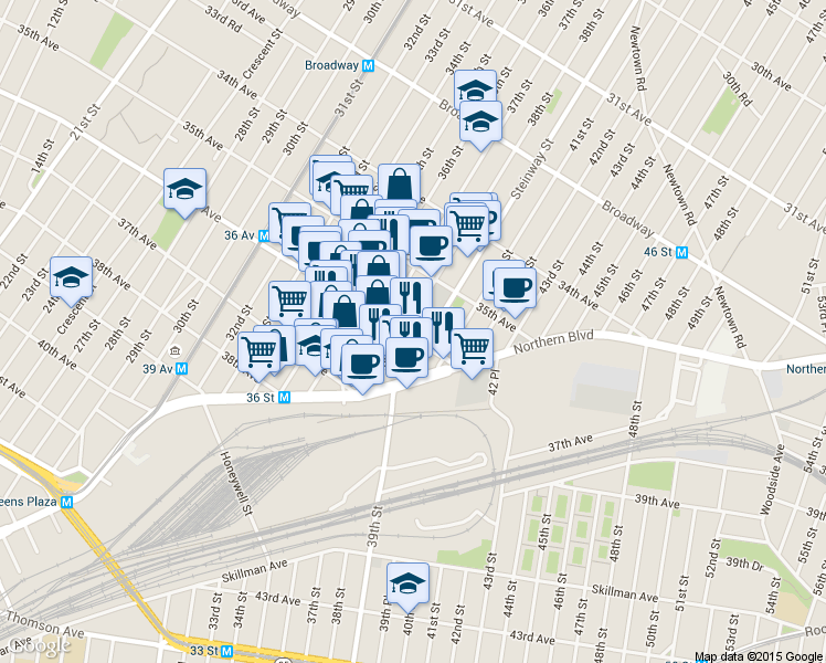 map of restaurants, bars, coffee shops, grocery stores, and more near 36-20 38th Street in Queens