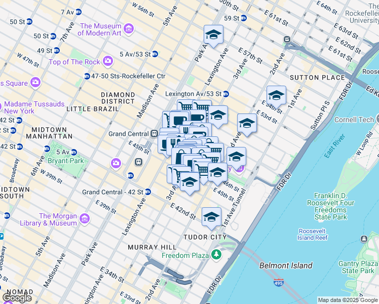 map of restaurants, bars, coffee shops, grocery stores, and more near 750 3rd Avenue in New York