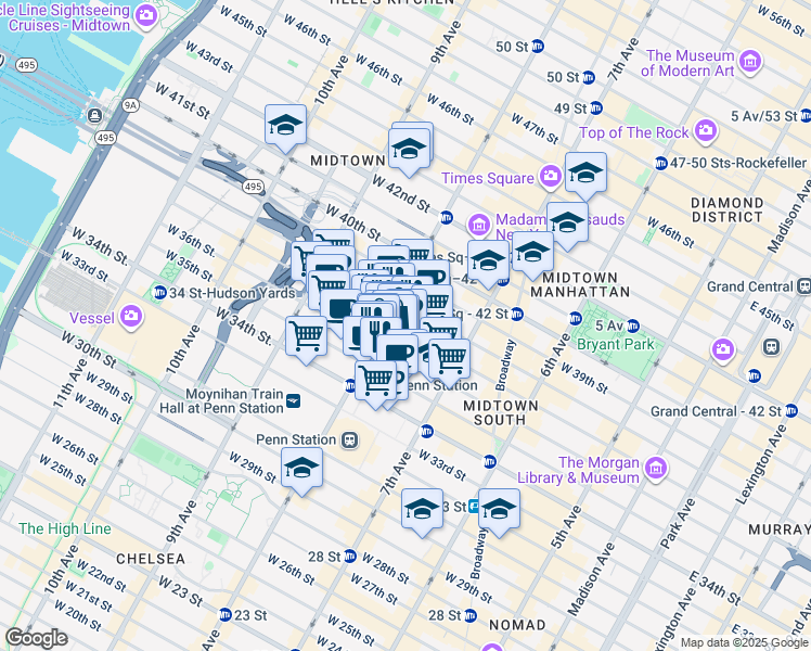 map of restaurants, bars, coffee shops, grocery stores, and more near 520 8th Avenue in New York