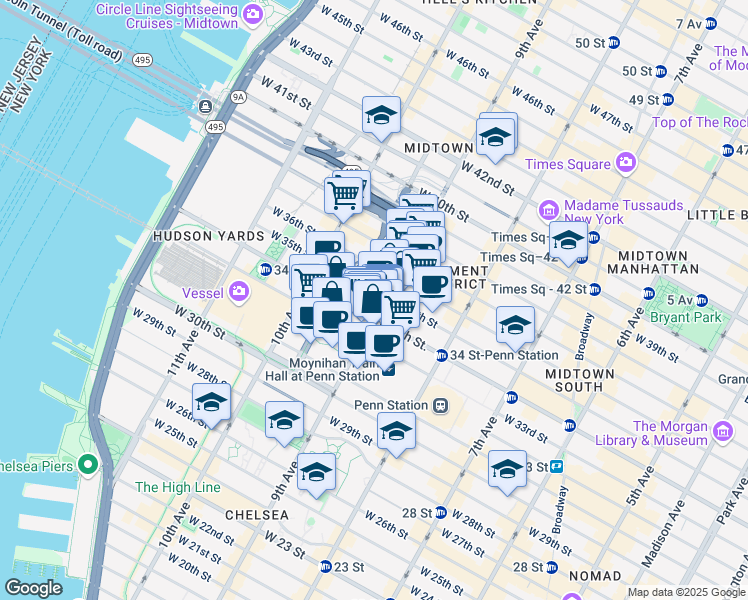 map of restaurants, bars, coffee shops, grocery stores, and more near 369 West 34th Street in New York