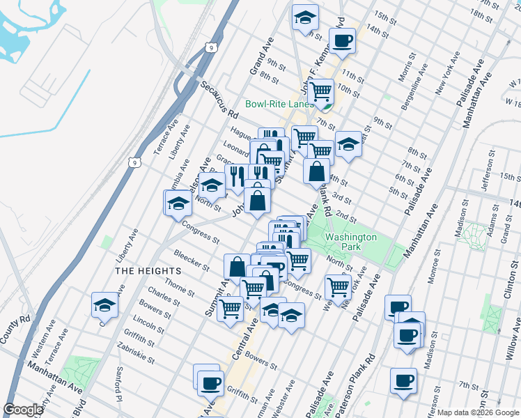 map of restaurants, bars, coffee shops, grocery stores, and more near 1127 Summit Avenue in Jersey City