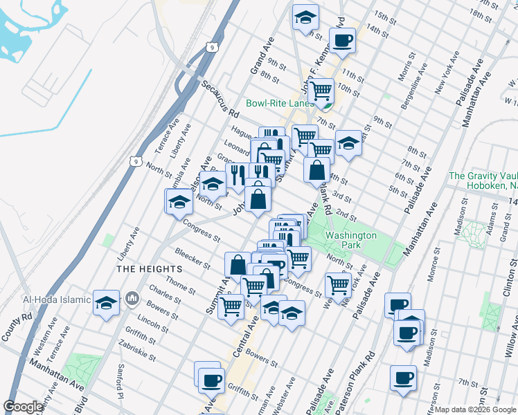 map of restaurants, bars, coffee shops, grocery stores, and more near 1127 Summit Avenue in Jersey City