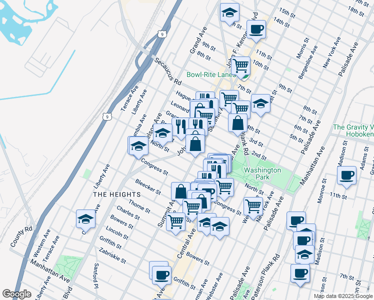 map of restaurants, bars, coffee shops, grocery stores, and more near 1127 Summit Avenue in Jersey City