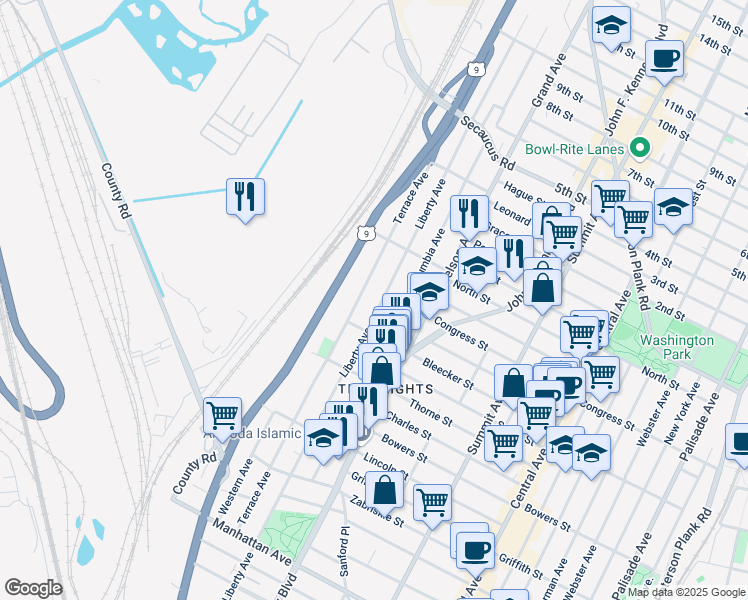 map of restaurants, bars, coffee shops, grocery stores, and more near 212 Terrace Avenue in Jersey City
