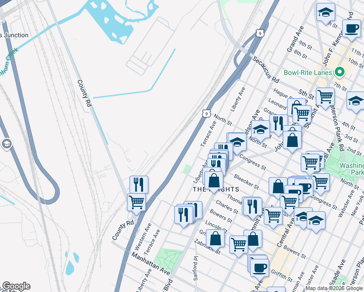 map of restaurants, bars, coffee shops, grocery stores, and more near 194 Bleecker Street in Jersey City
