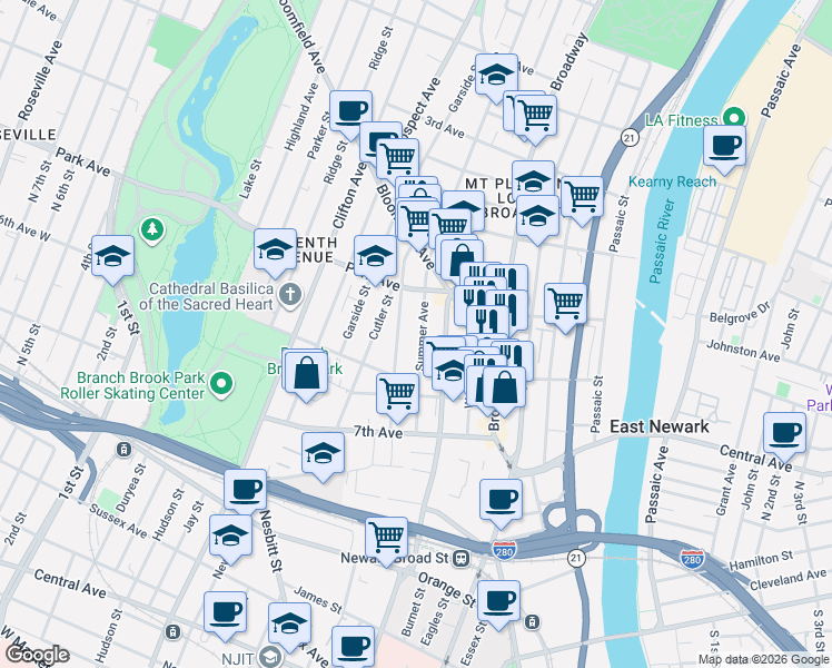 map of restaurants, bars, coffee shops, grocery stores, and more near 84 Summer Avenue in Newark