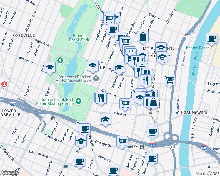 map of restaurants, bars, coffee shops, grocery stores, and more near 39 6th Avenue in Newark