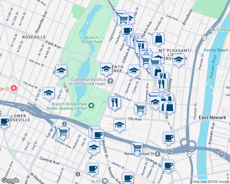 map of restaurants, bars, coffee shops, grocery stores, and more near 115 Clifton Avenue in Newark
