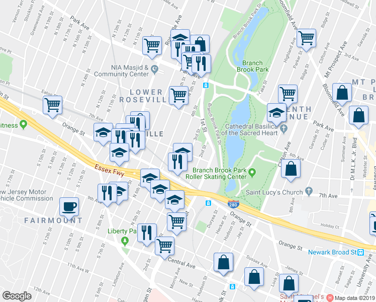 map of restaurants, bars, coffee shops, grocery stores, and more near 150 3rd Street in Newark