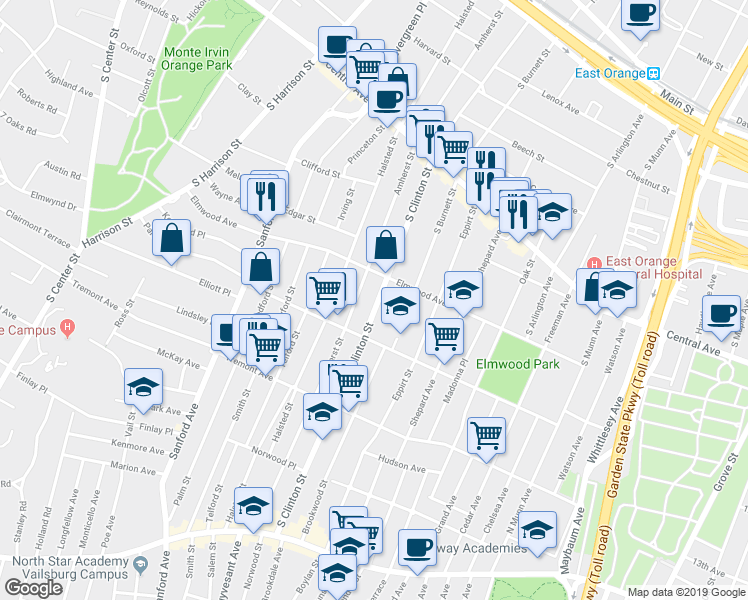 map of restaurants, bars, coffee shops, grocery stores, and more near 361 South Clinton Street in East Orange