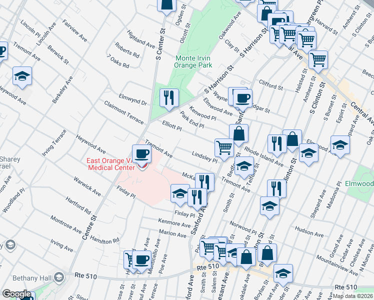 map of restaurants, bars, coffee shops, grocery stores, and more near 59 Lindsley Place in East Orange