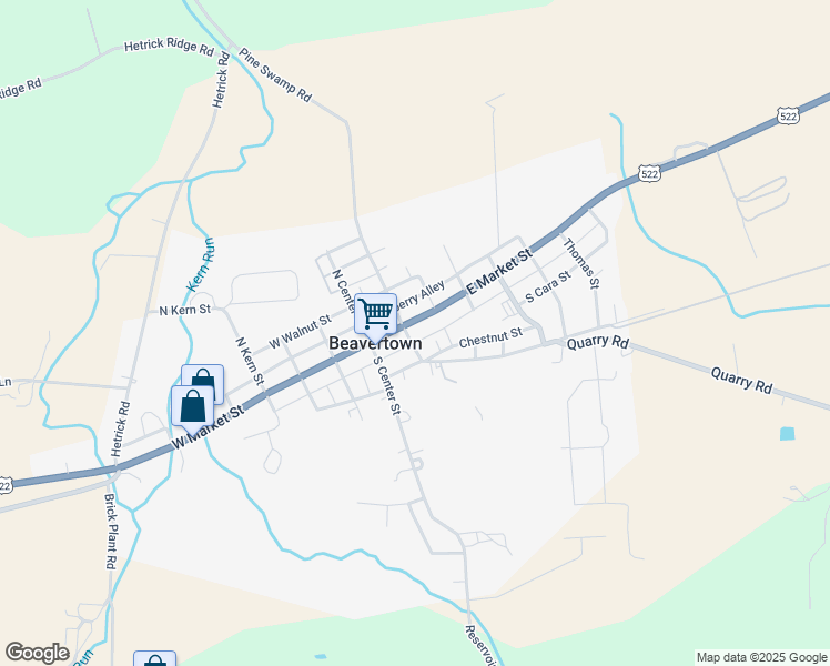 map of restaurants, bars, coffee shops, grocery stores, and more near 121 North Sassafras Street in Beavertown
