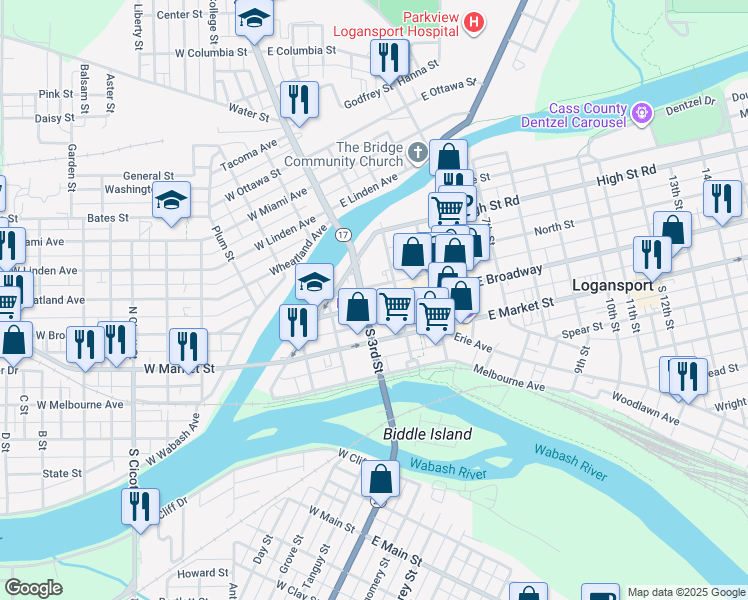 map of restaurants, bars, coffee shops, grocery stores, and more near 300 East Broadway in Logansport