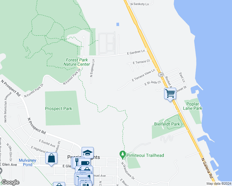 map of restaurants, bars, coffee shops, grocery stores, and more near 1500 East Terrace View Lane in Peoria Heights