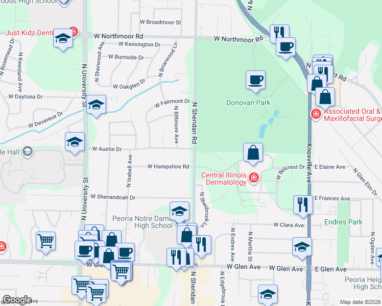 map of restaurants, bars, coffee shops, grocery stores, and more near 5410 North Sheridan Road in Peoria