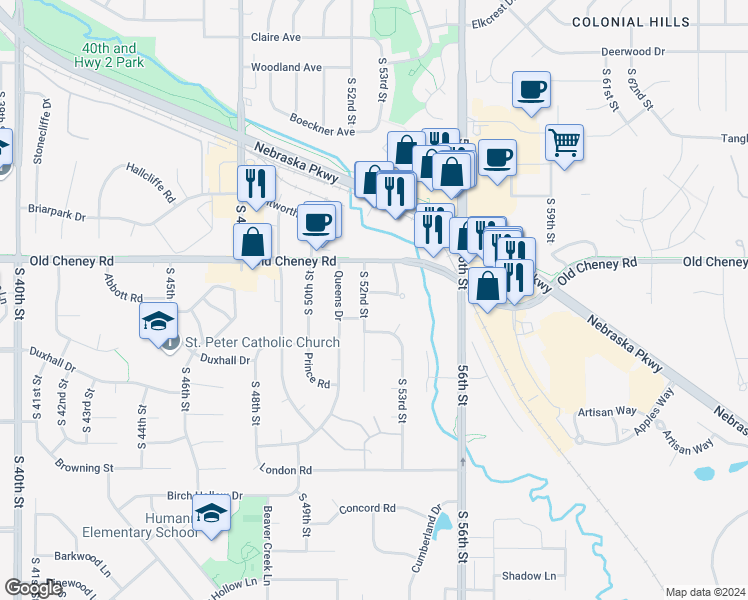 map of restaurants, bars, coffee shops, grocery stores, and more near 5840 South 52nd Street in Lincoln