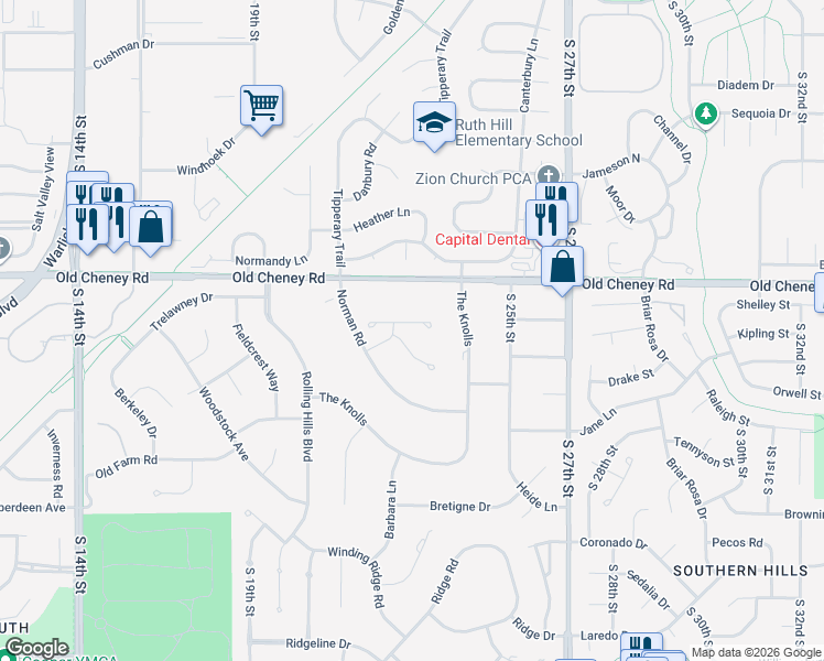map of restaurants, bars, coffee shops, grocery stores, and more near 5910 Norman Road in Lincoln