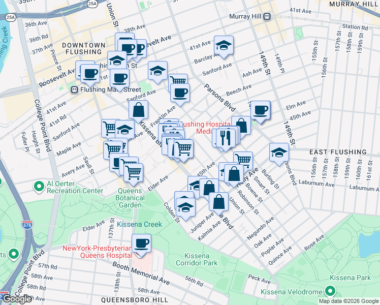 map of restaurants, bars, coffee shops, grocery stores, and more near in Queens