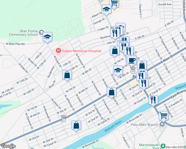 map of restaurants, bars, coffee shops, grocery stores, and more near 151-199 West 7th Street in Peru