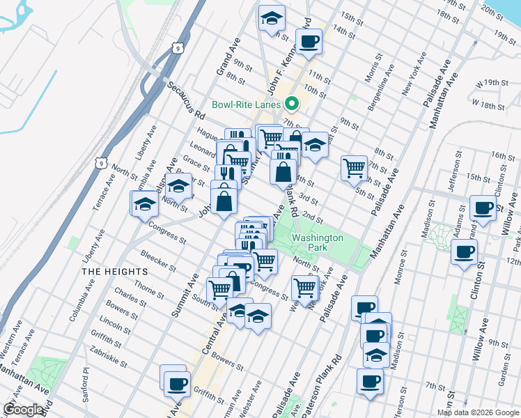map of restaurants, bars, coffee shops, grocery stores, and more near 551 Central Avenue in Jersey City