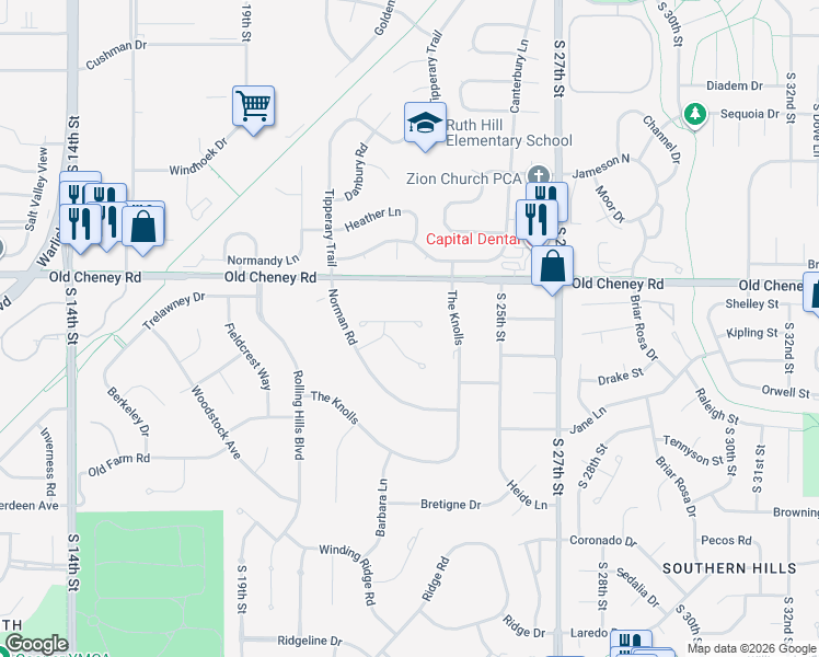 map of restaurants, bars, coffee shops, grocery stores, and more near 5910 Norman Road in Lincoln
