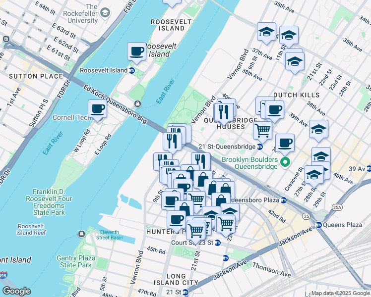 map of restaurants, bars, coffee shops, grocery stores, and more near 28-10 Queens Plaza South in Queens