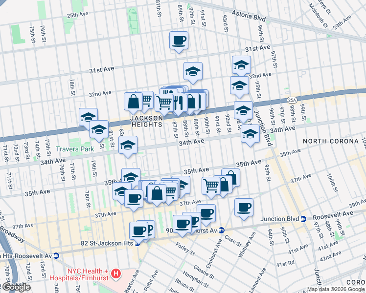 map of restaurants, bars, coffee shops, grocery stores, and more near in Queens