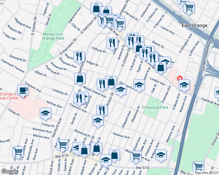 map of restaurants, bars, coffee shops, grocery stores, and more near 332 Amherst Street in East Orange