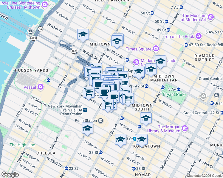 map of restaurants, bars, coffee shops, grocery stores, and more near West 37th Street in New York