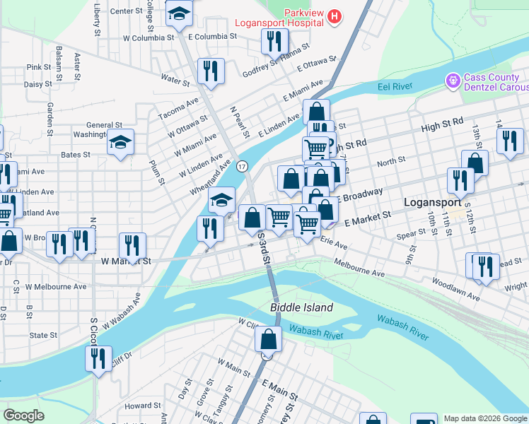 map of restaurants, bars, coffee shops, grocery stores, and more near 300 East Broadway in Logansport