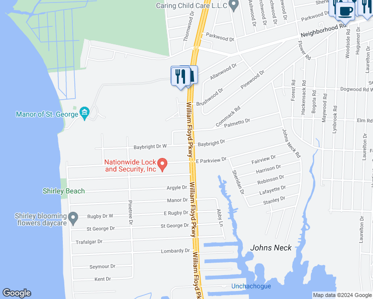 map of restaurants, bars, coffee shops, grocery stores, and more near 84 Baybright Drive in Shirley
