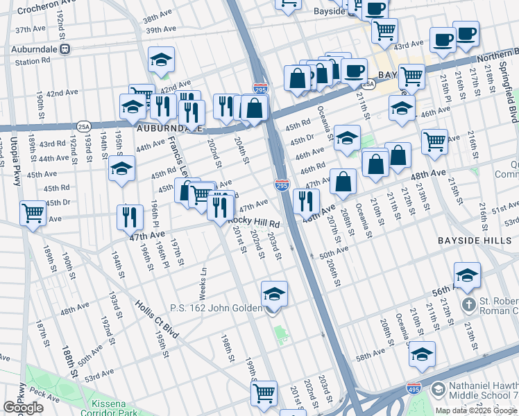 map of restaurants, bars, coffee shops, grocery stores, and more near 47-29 203rd Street in Queens